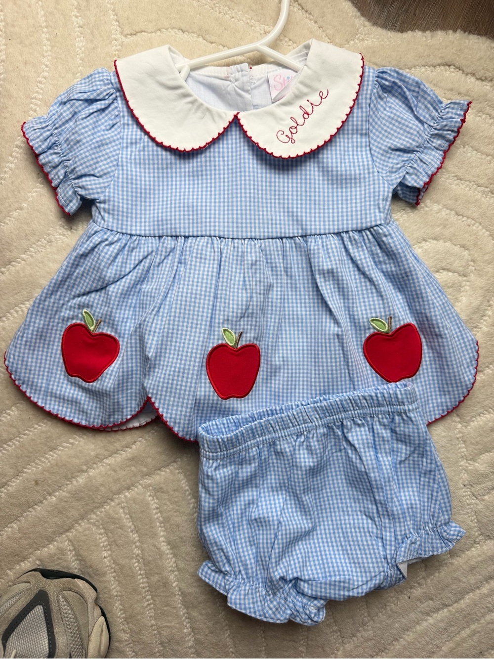 “Goldie” Stitchy Fish set Blue Gingham Apple Appliqué Two-Piece Outfit